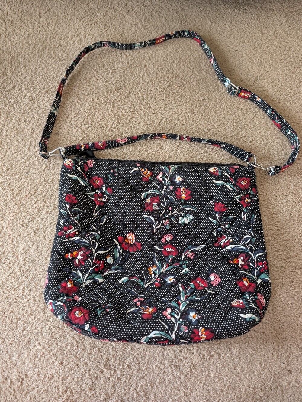 Vera Bradley Oversized Hobo Floral Quilted Crossbody Bag - Black with Red Floral